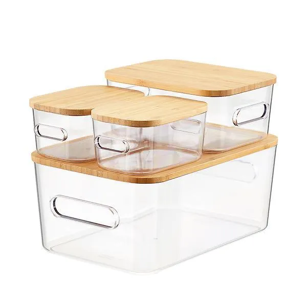 Smart Store Clear Compact Plastic Bins 4-Pack with Bamboo Lids