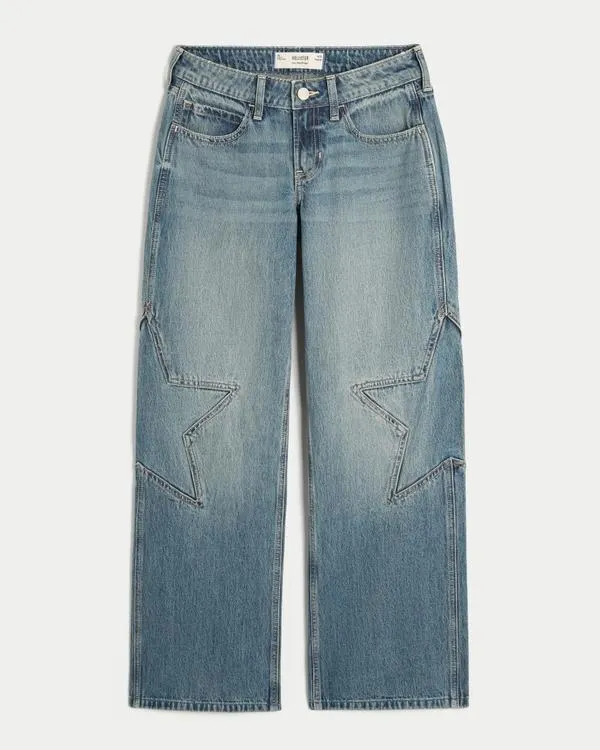Low-Rise Medium Wash Star Graphic Baggy Jeans