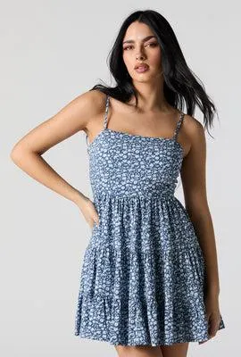 Blue Floral Tiered Mini Dress