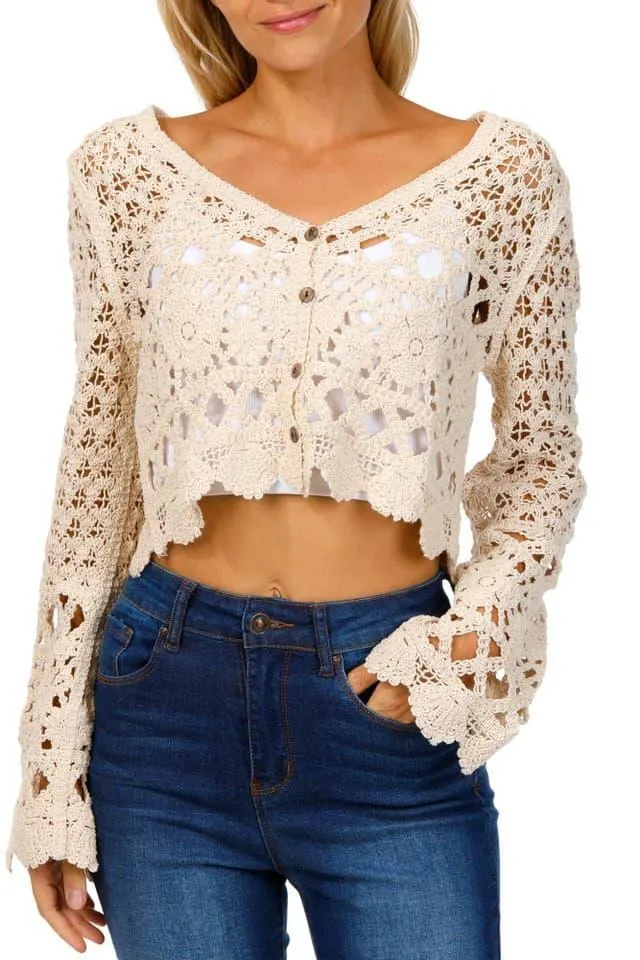 Rebellion Juniors Long Sleeve Button Front Geo Crochet Top