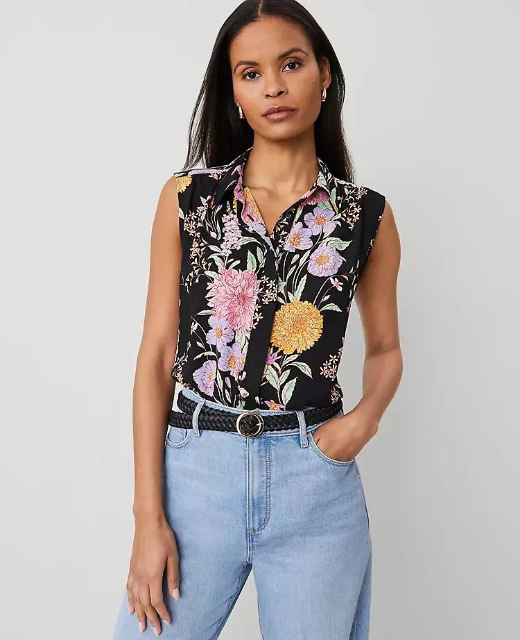 Floral Shirred Sleeveless Shirt