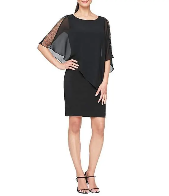 Asymmetrical Popover Round Neck Short Capelet Sleeve Embellished Sheath Dress