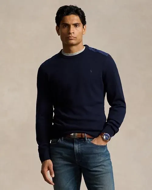 Contrast-Panel Wool Crewneck Sweater