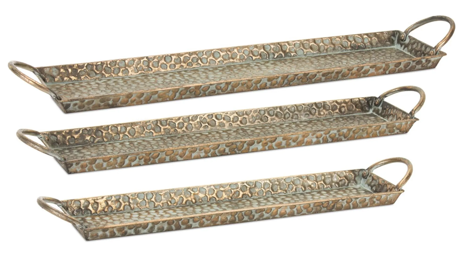 Hammered Metal Tray with Washed Finish and Handles, Set of 3