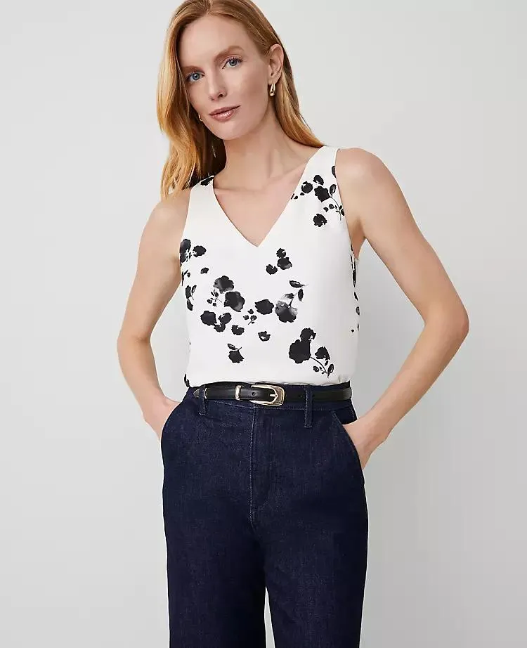 Floral Mixed Media V-Neck Tank Top