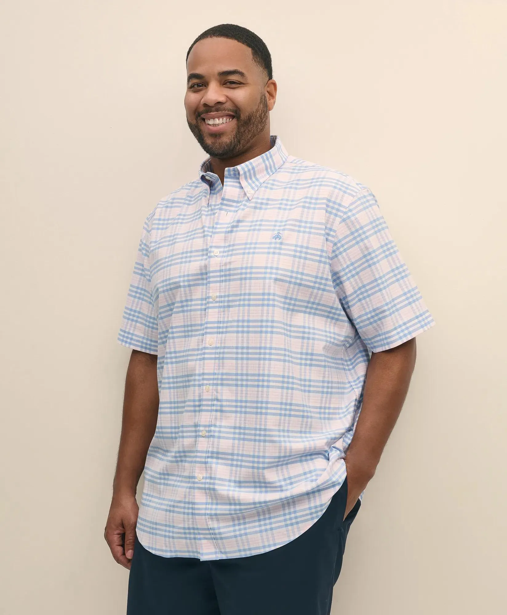 Big & Tall Stretch Cotton Non-Iron Oxford Polo Button Down Collar, Bold Check Short-Sleeve Shirt