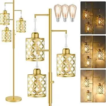 68" Dimmable Floor Lamp, Modern Standing Lamp with Elegant Metal Cage, Industrial Tall Tree Floor Lamps for Living Room, Bedroom, Study Room, Office (2000LM LED Bulbs Included) - Gold