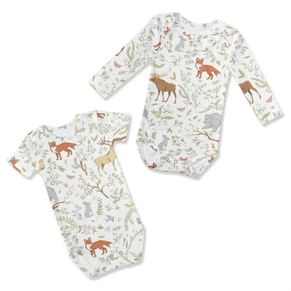 Sweet Jojo Designs Woodland Animal Toile Boy Girl Gender Neutral 0-6M Baby Clothes Bodysuits 2 Pack Set Blue Green Forest Animal