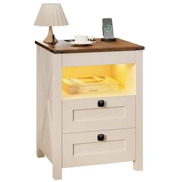 LED 2-Drawer Nightstand with Charging Station and Gun Drawer