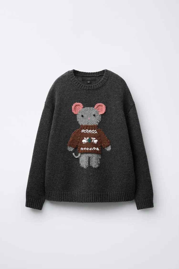AGES 7-12/ WOOL BLEND KNIT JUMPER WITH EMBROIDERED MOUSE