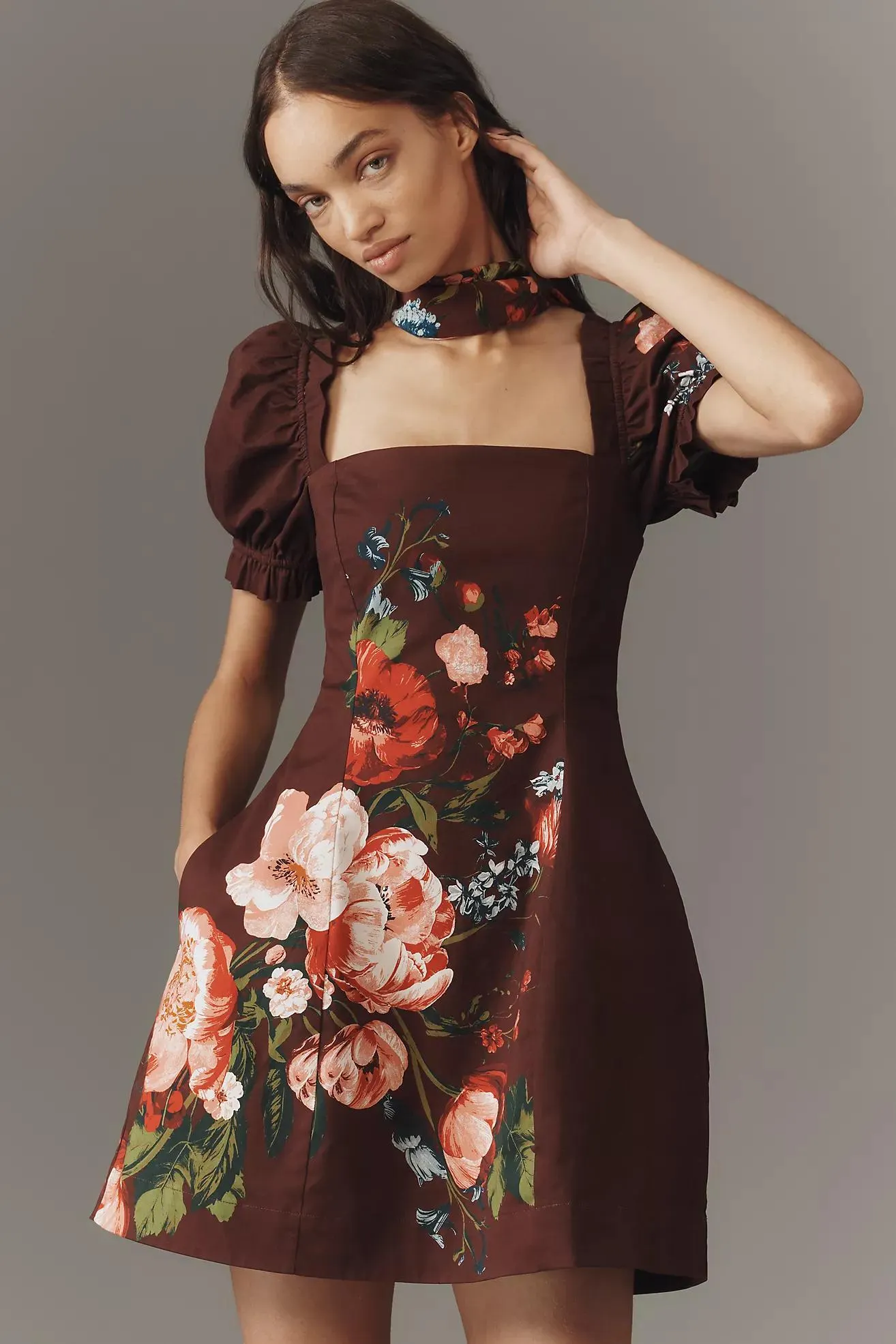 Maeve Puff-Sleeve Square-Neck Floral Mini Dress