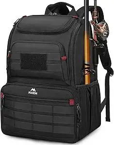 MATEIN Fishing Backpack Tackle Box, Water Resistant Tackle Backpack Fishing Bags with Cooler & Rod Holders, Large Fish Organizer Box Storage Gear Accessories, Fish Gifts for Men, Black