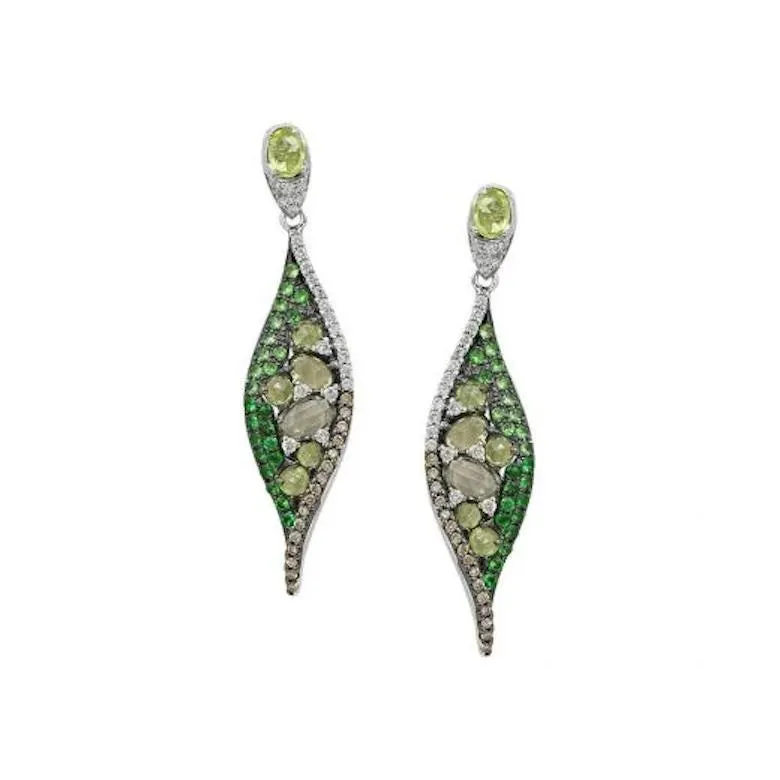 White Gold Diamond Quartz Tsavorite Dangle Elegant Earrings for Her 14K