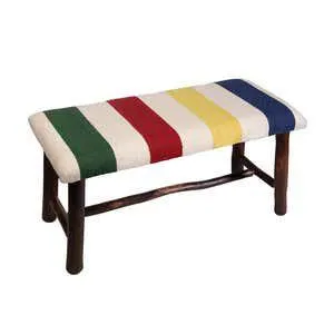 Medium Colorblock Hand-Hooked Wool and Hickory Bench