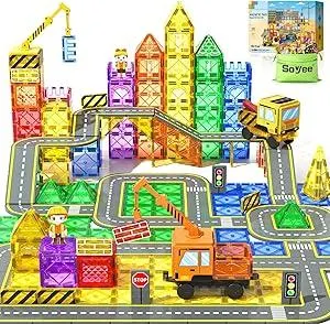 102 PCS Magnetic Tiles with 2 Cars & 2 Cranes Magnet Construction Building Kids Toys for Creative Play and STEM Learning Boys Toys & Gifts for 3-12