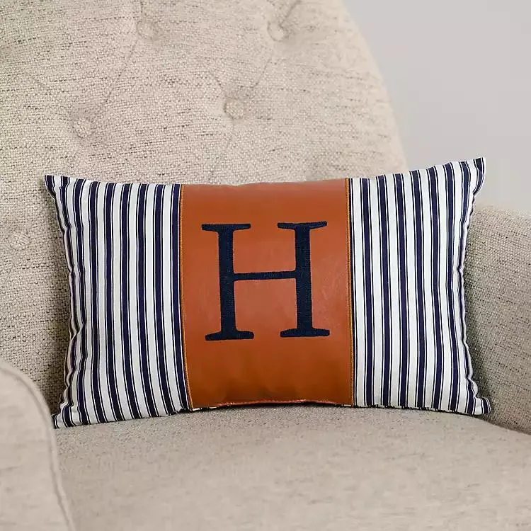 Navy Striped Monogram H Lumbar Pillow