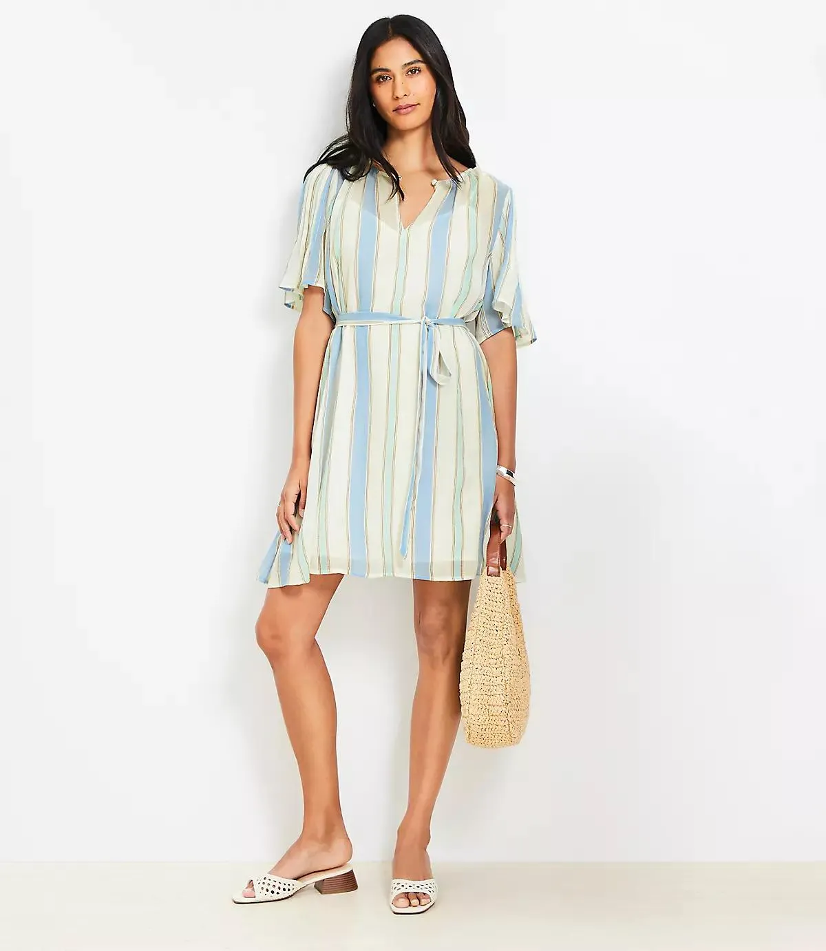 Striped Pintucked Sleeve Mini Dress