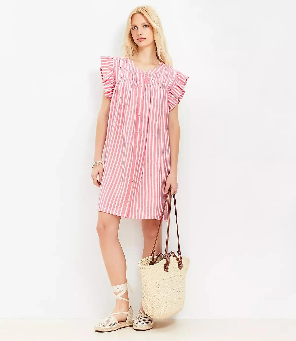 Striped Linen Blend Flutter Shirtdress