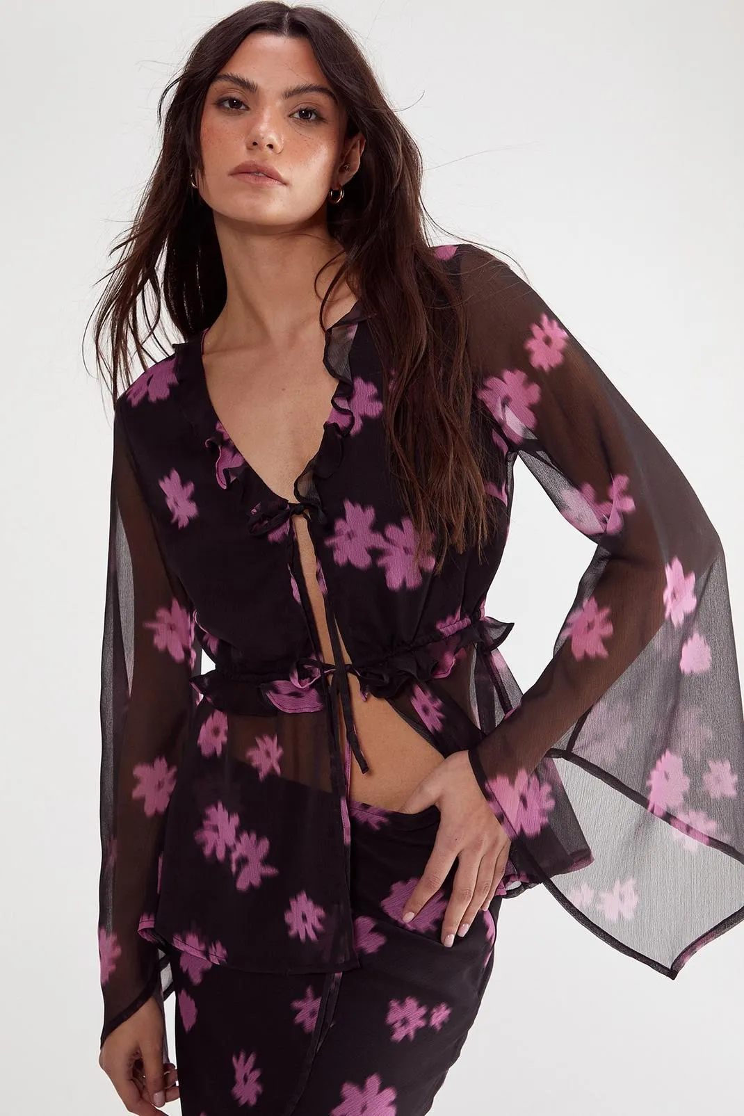 Ditsy Chiffon Ruffle Tie Front Fluted Sleeve Top