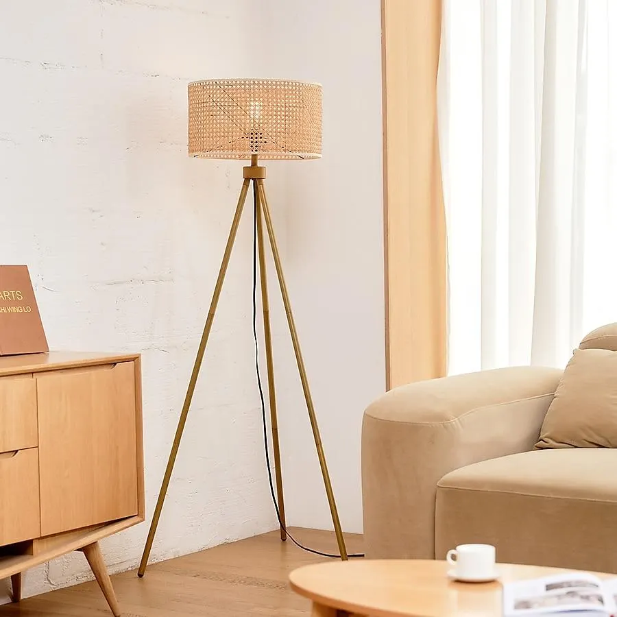 Globe Electric 60-in Faux Wood Shaded floor lamp Floor Lamp with Rattan Shade