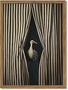 Framed Moody Crane Wall Art, Eclectic Vintage Bird Pictures Wall Decor Paintings, Surreal Humorous Animal with Black and White Striped Canvas Prints for Living Room Bedroom Bathroom Dorm 12x16 inch