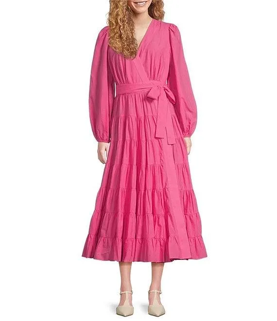 Woven Poplin V-Neck Long Blouson Sleeve Tie at Side Wrap A-Line Flounce Midi Dress