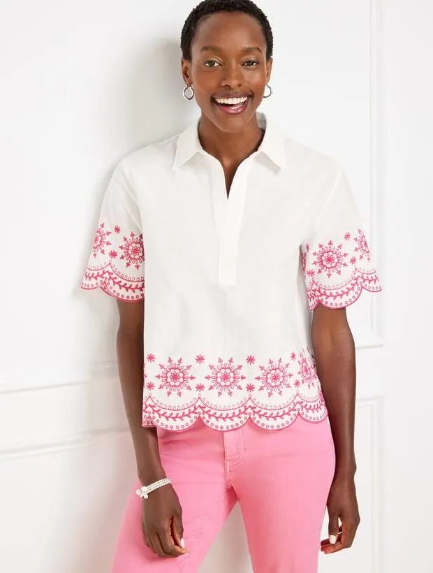 Embroidered Linen Cotton Short Shirt - Scallop Medallion