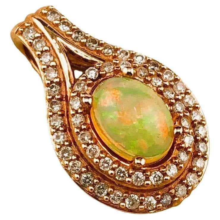 10k Rose Gold .70 Carat Opal & .20 Carat Diamond Pendant On 14k Italian Chain