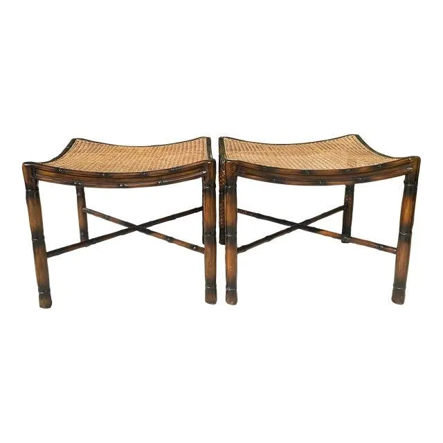 Regency Style Faux Bamboo Caned & Curved Ottoman Stools - a Pair