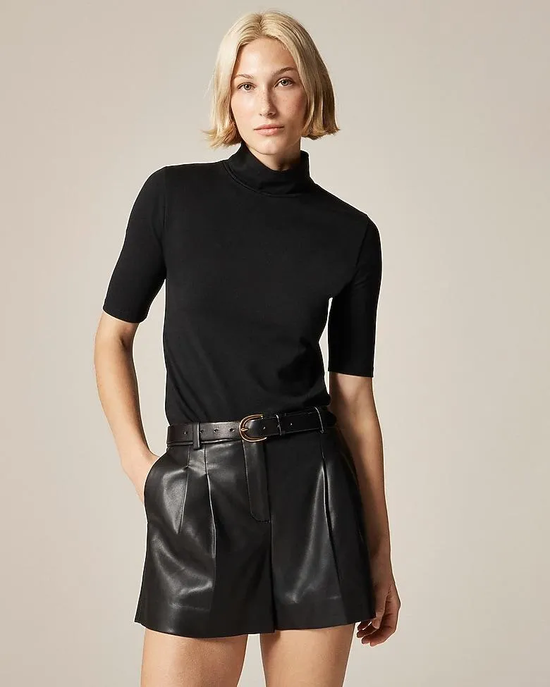 Stretch cotton-blend mockneck elbow-sleeve T-shirt