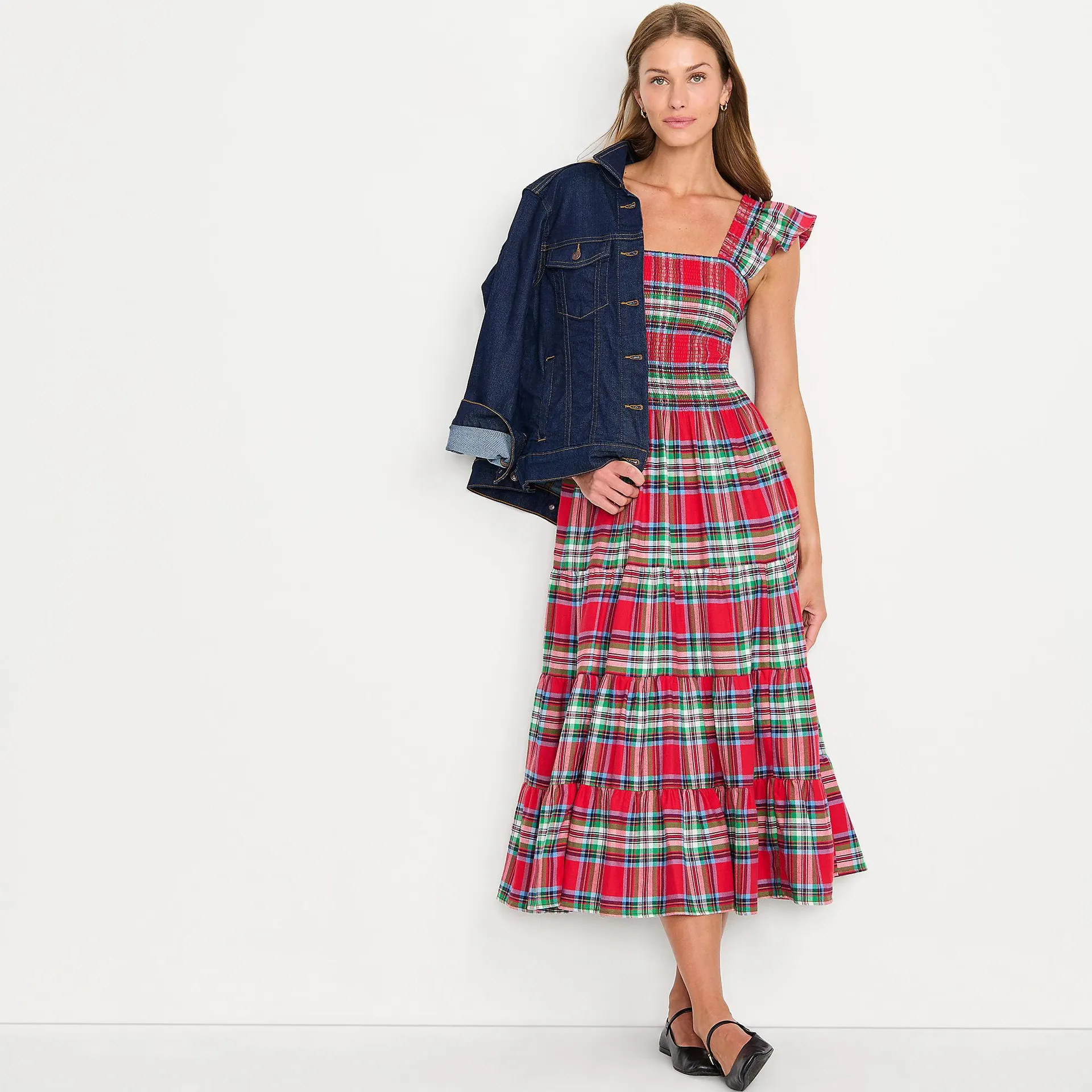 Women's Drapey Flannel Smocked Midi Dress with Ruffle Strap