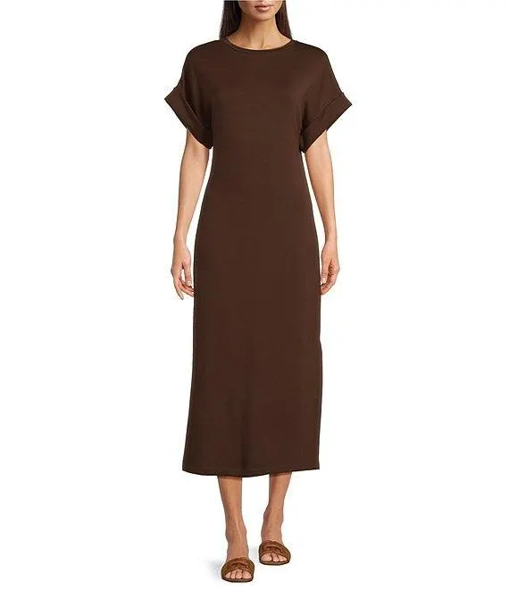 Knit Crew Neck Short Cuffed Sleeve Midi T-Shirt Dress