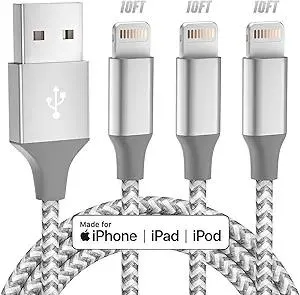 iPhone Charger 3pack 10FT Apple MFi Certified Long Lightning Cable Fast Charging High Speed Data Sync USB Cable Compatible iPhone 14 13/12/11 Pro Max/XS MAX/XR/XS/X/8/7/Plus/6S (Grey White)
