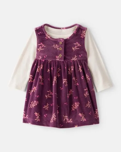 Baby Girl Flowers Print Velour Sleeveless Dress Set - Purple