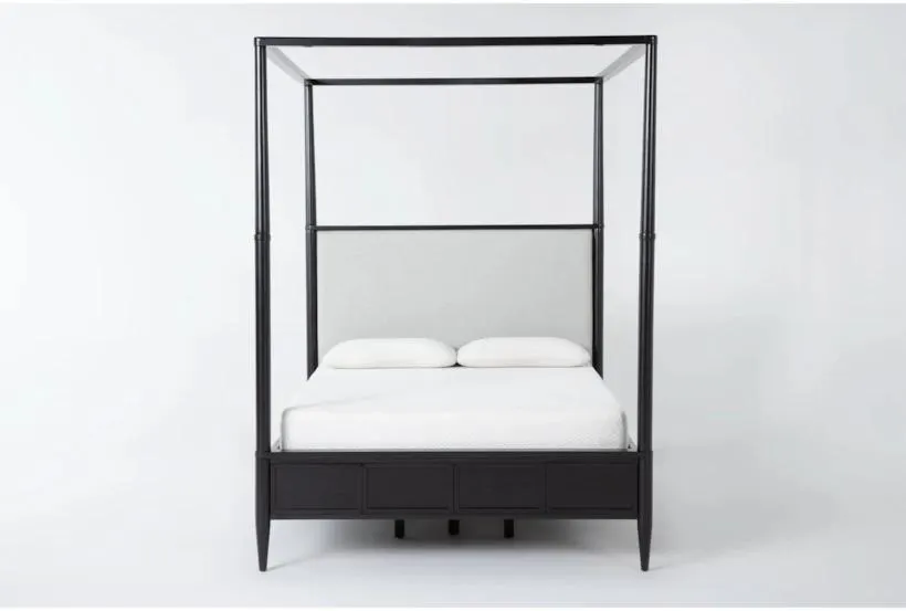 Austen Black Queen Wood & Upholstered Platform Canopy Bed With Side Storage