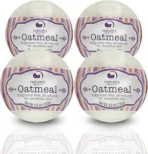 Nature's Beauty Oatmeal Fragrance-Free Bath Bomb Multi-Pack - Natural Hand Crafted, Non-Staining, Luxury Fizzy Spa Bomb, Sooth Dry + Itchy Skin Made w/Almond + Coconut Oil, 4.6 oz (4 Pack)