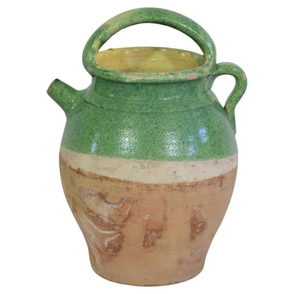 19th Century, French Green Glazed Terracotta Jug or Water Cruche