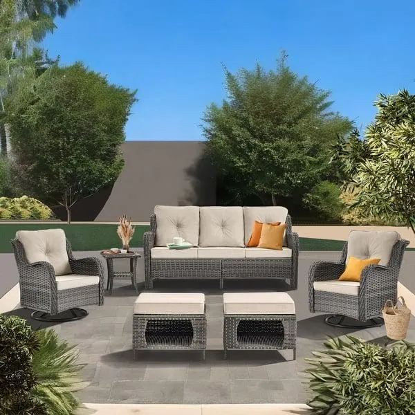 Wicker Patio Furniture Conversation Set with High Back Swivel Chairs and Storage Ottomans, Cushions Included🎃