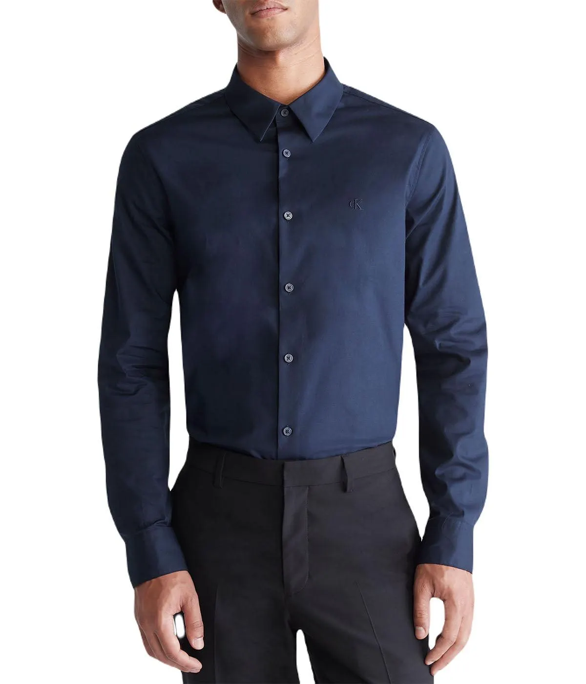Long Sleeve Solid Stretch Slim Woven Shirt Navy