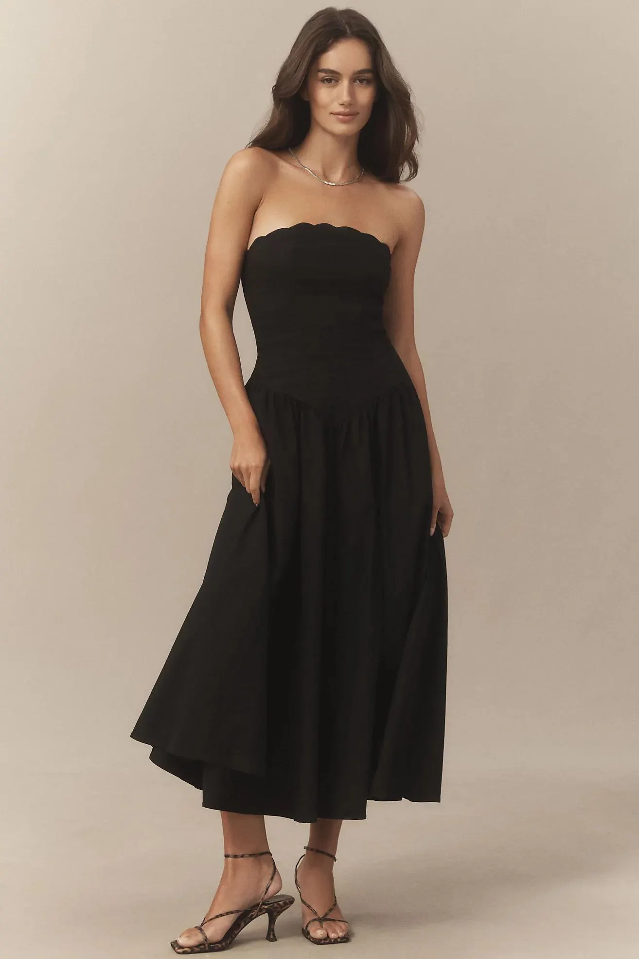 BHLDN Strapless Scallop Drop-Waist Midi Dress