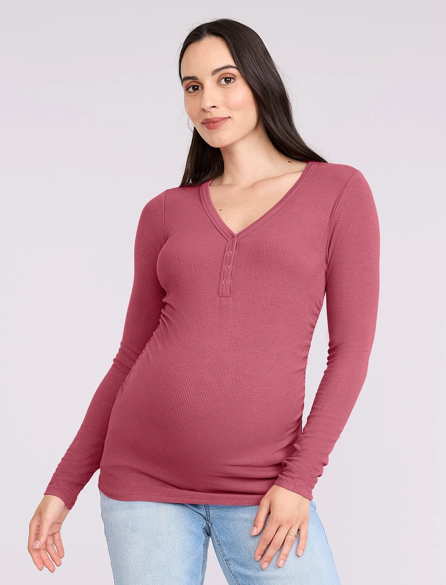 Side Ruched Long Sleeve Henley Maternity Rib Tee