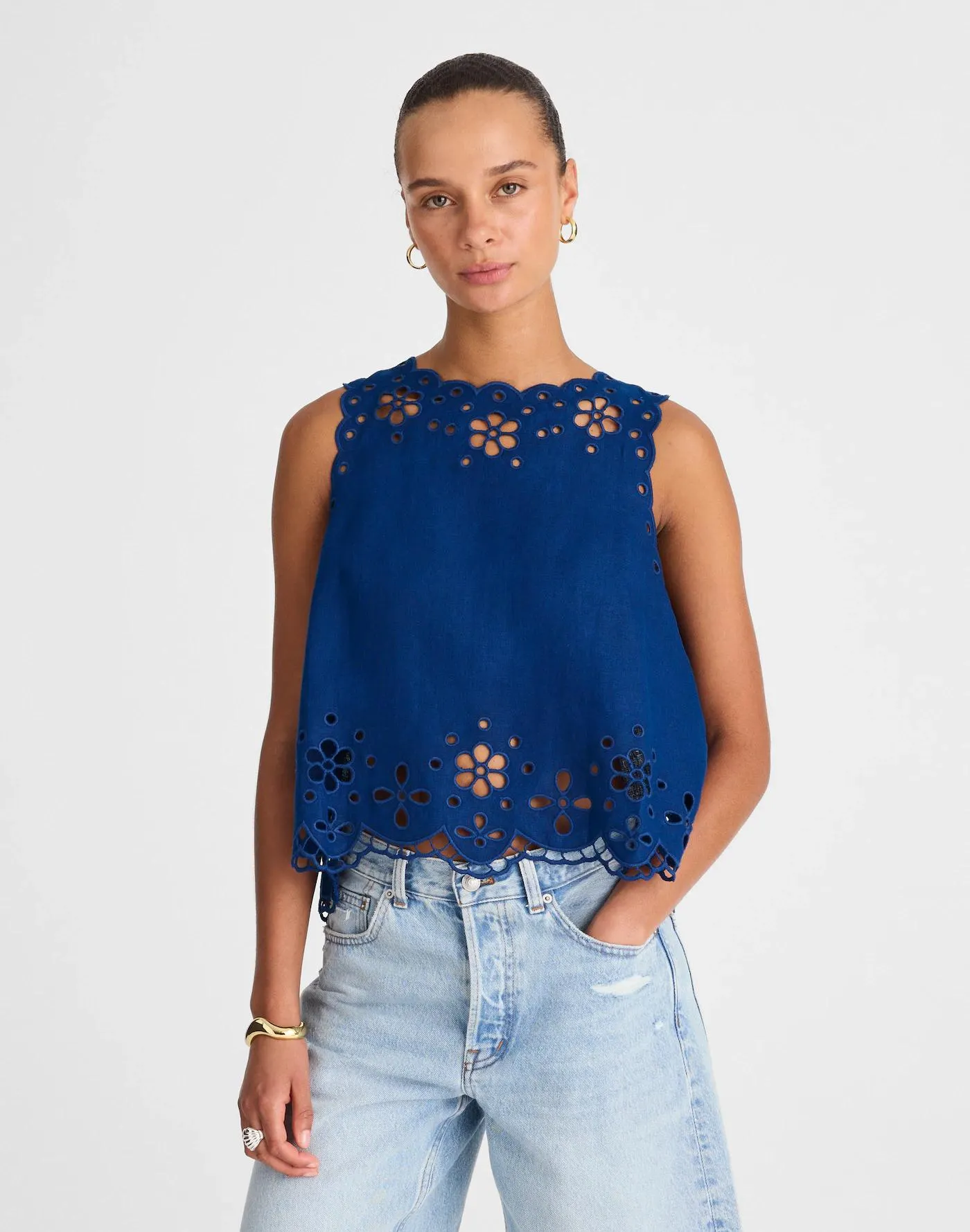 Embroidered Eyelet High-Low Tank