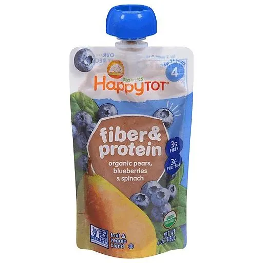 Happy Tot Organics Non-GMO Fiber & Protein Pears Blueberries & Spinach Stage 4 Baby Food 4 oz bag