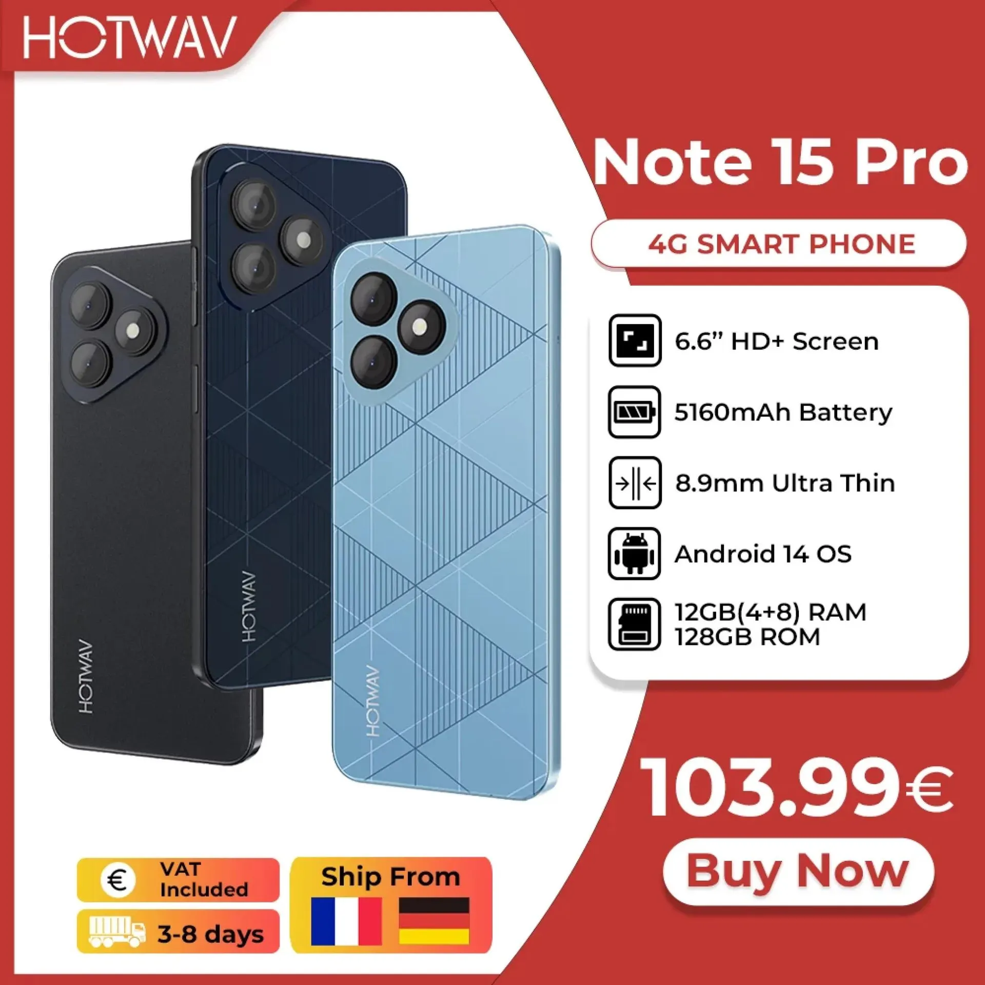 [Disponible en la UE] HOTWAV Note 15 Pro Teléfono móvil 6.6” HD+ Android 14 4GB+128GB Celular 13MP 5160mAh 8.9mm Smartphone