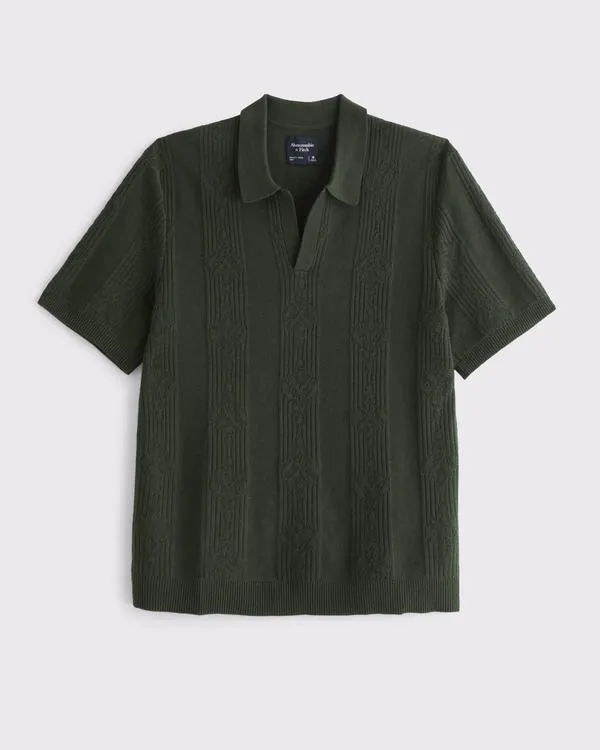 Textural Striped Johnny Collar Sweater Polo