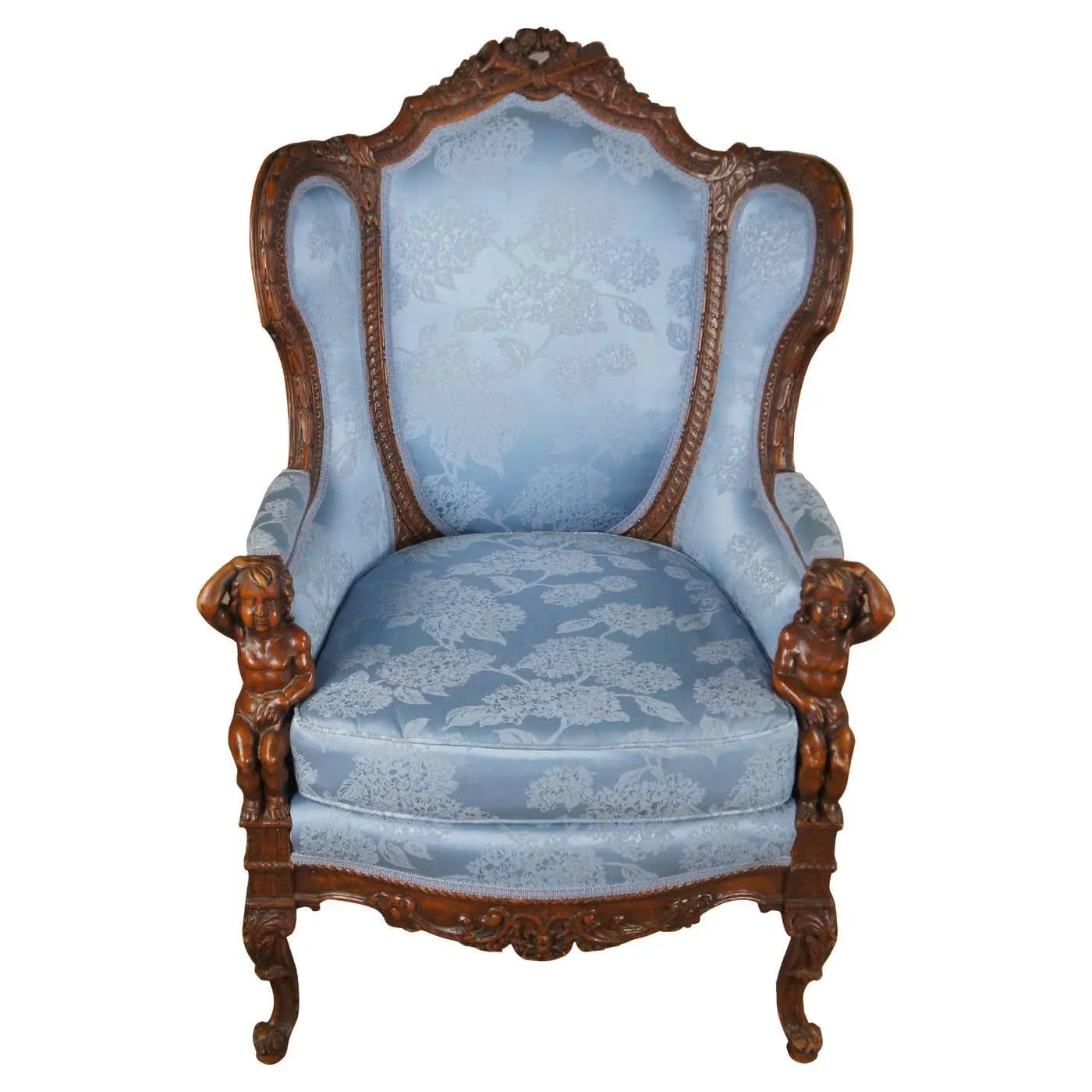 Antique French Louis XVI Style Figural Carved Walnut Bergere Wingback Arm Chair