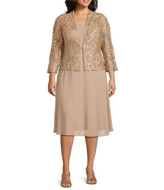 Plus Size Soutache Chiffon Crew Neck 3/4 Sleeve Embellished Fit & Flare 2-Piece Jacket Dress
