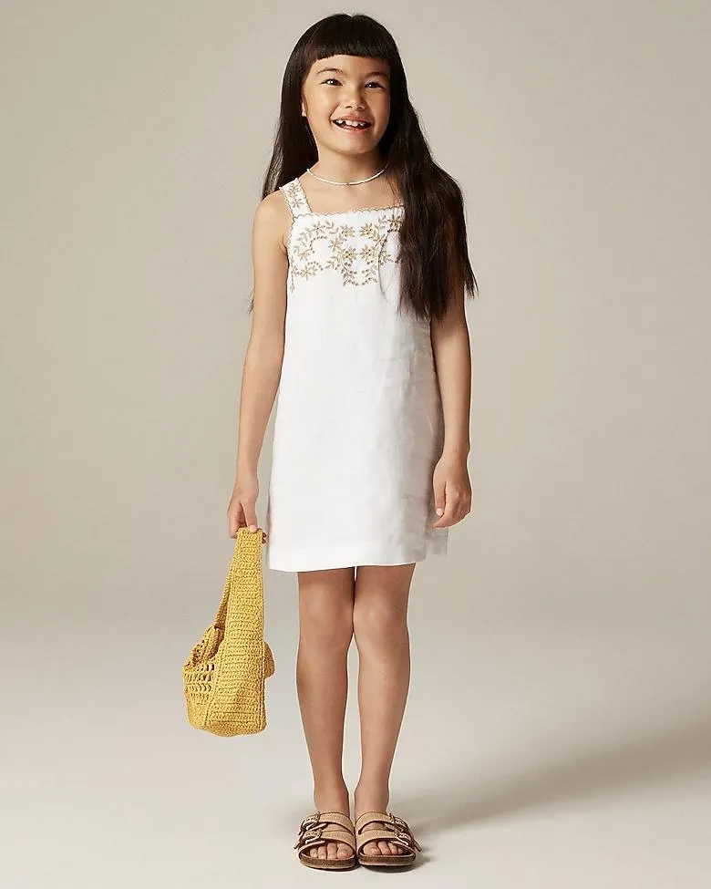 Girls' embroidered shift dress in linen-cotton blend