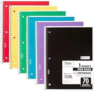 Mead Spiral Notebook, 6 Pack, 1 Subject, Wide Ruled Paper, 7-1/2" x 10-1/2", 70 Sheets per Notebook, Colors Will Vary (930201-ECM25)