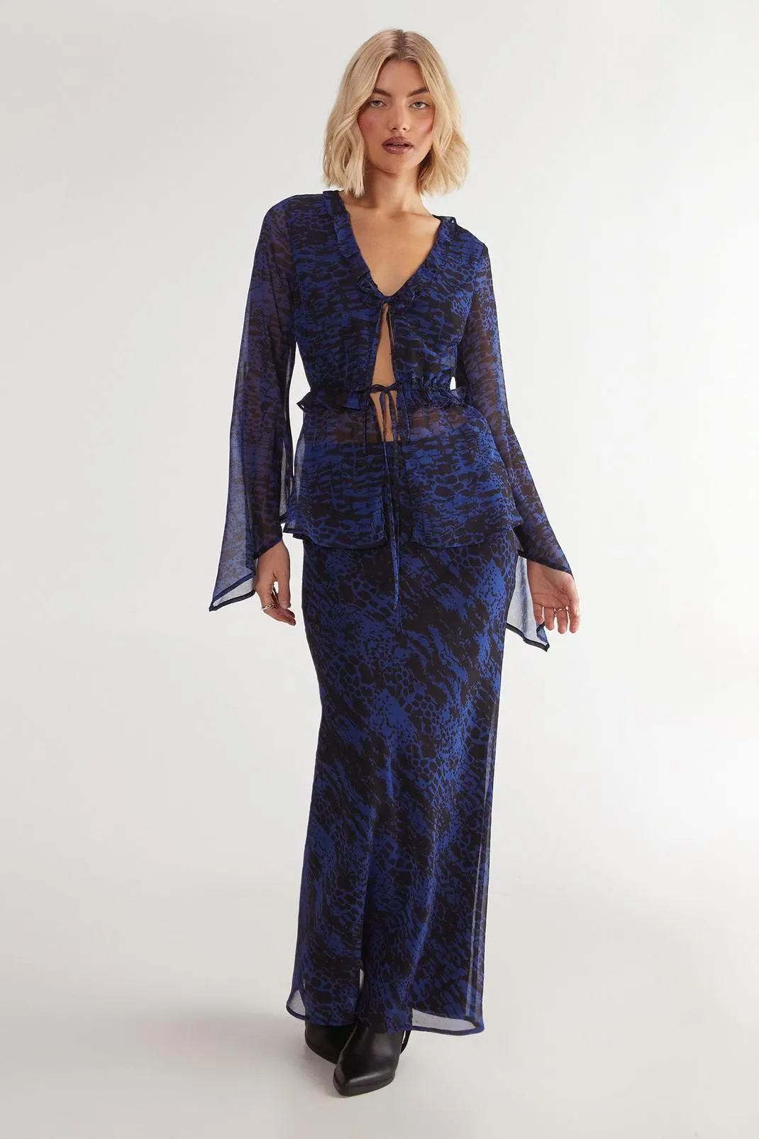 Snake Crinkle Chiffon Bias Maxi Skirt